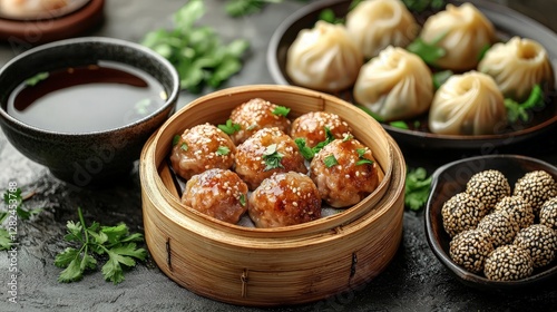 Steamed dumplings and pork buns served in a bamboo steamer, dark background. Possible use Stock photo for restaurants, Asian food blogs, or food magazines photo