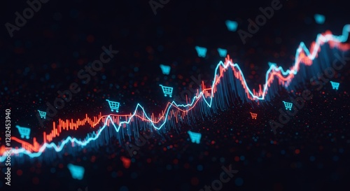 Fluctuating consumer price index graph with retail market analysis icons