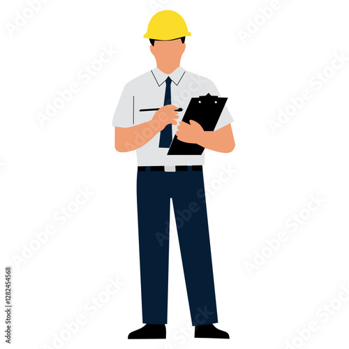 A construction worker holding a clipboard and pen, wearing a safety helmet.