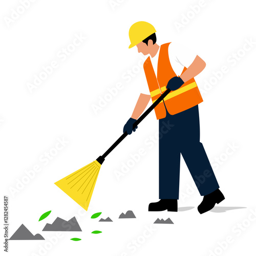 A worker in a safety vest and helmet using a broom for cleaning.