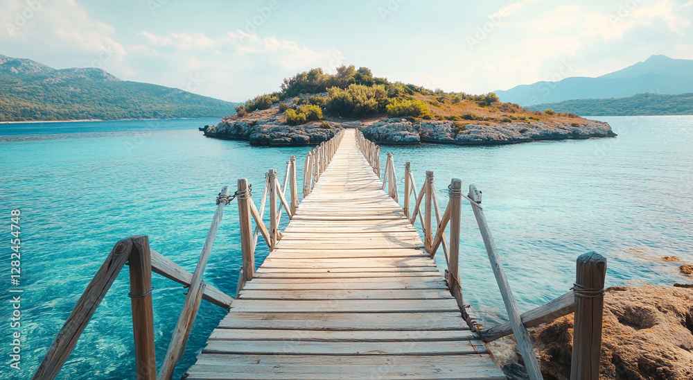 A wooden bridge leads to a small, tree-covered island surrounded by clear, turquoise water, under a clear blue sky. A wooden bridge leads to a small, tree-covered island surrounded by clear, turquoise water, under a clear blue sky.