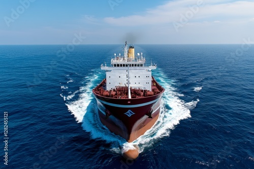 Oil tanker underway towards open sea Crude oil tanker ship, a merchant ship specially designed for chemical products transportation Aerial view Black Sea