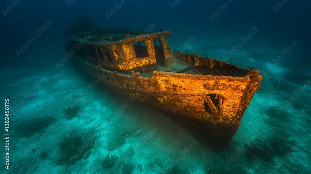 Fototapeta premium Sunken vessel rests peacefully on the ocean floor below