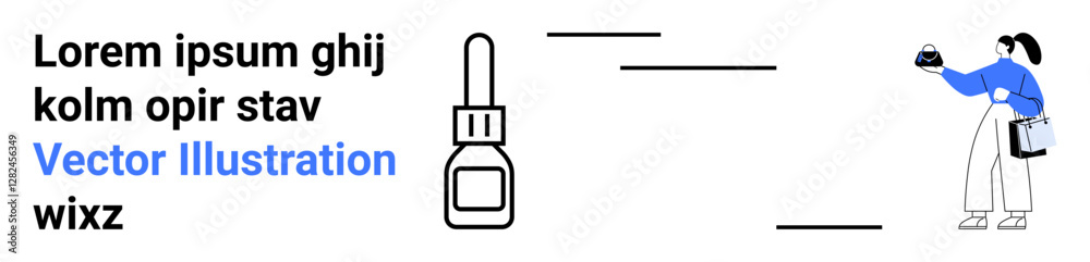 Woman reaching out with object in hand, tall dropper bottle illustration, and placeholder text. Ideal for minimal design, branding, product mockups, healthcare, technology, lifestyle education flat Woman reaching out with object in hand, tall dropper bottle illustration, and placeholder text. Ideal for minimal design, branding, product mockups, healthcare, technology, lifestyle education flat