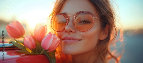 Person Holding Pink Tulips by a Red Car at Sunset

