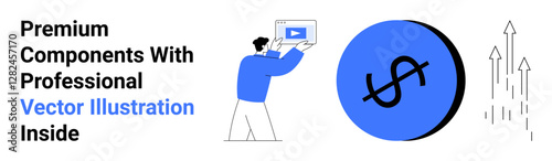 Man presenting video player card, blue dollar icon symbolizing profit, upward arrows for growth. Ideal for business, finance, marketing, e-learning, technology, investments flat landing page banner