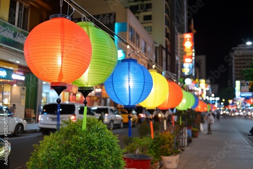 Paper lanterns in the Yee Peng Festival decorate around Lamphun downtown, Thailand