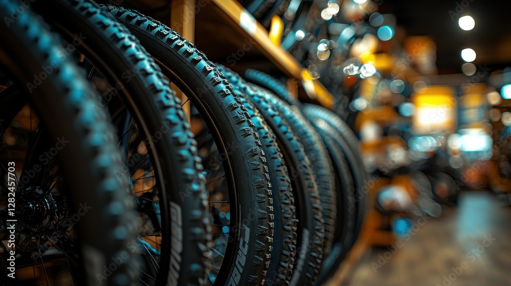 Fototapeta premium Bike tires displayed on shelf inside bike shop, bikes blurred background, for sale
