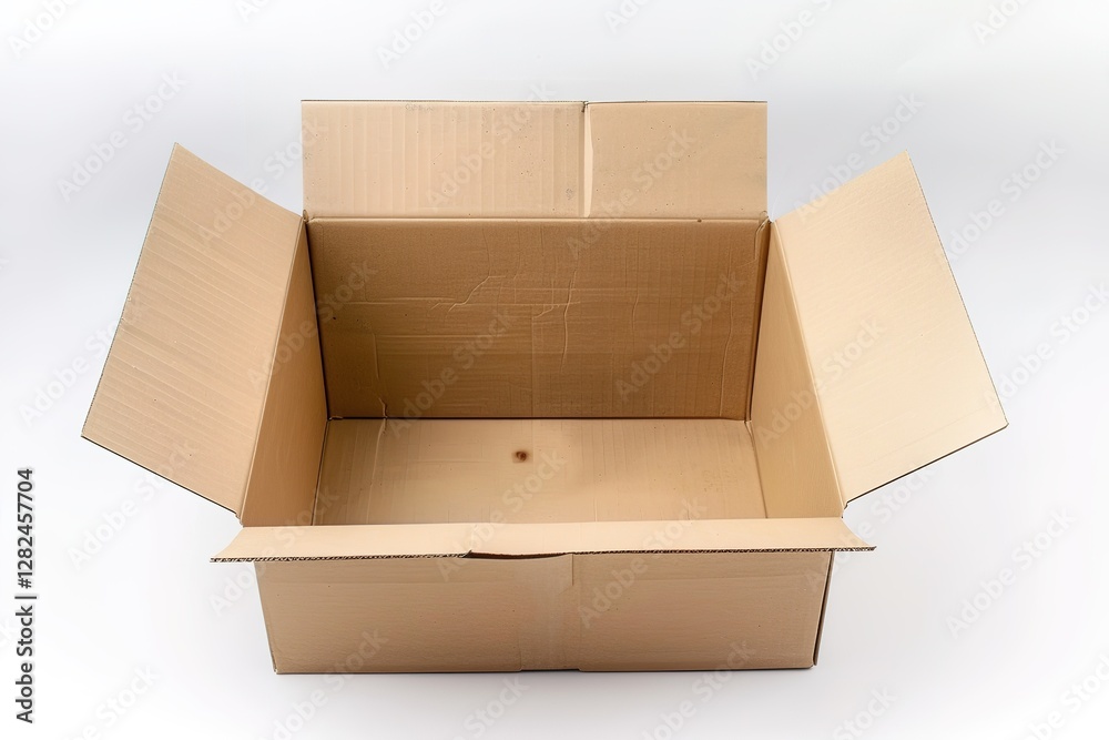 Open Cardboard Box on Clean White Background, Studio Packaging Concept with Negative Space for Product Presentation Open Cardboard Box on Clean White Background, Studio Packaging Concept with Negative Space for Product Presentation
