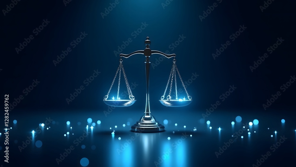 Digital Scales of Justice Cybersecurity Concept with Glowing Blue Particles in Futuristic Legal Technology. Digital Scales of Justice Cybersecurity Concept with Glowing Blue Particles in Futuristic Legal Technology.