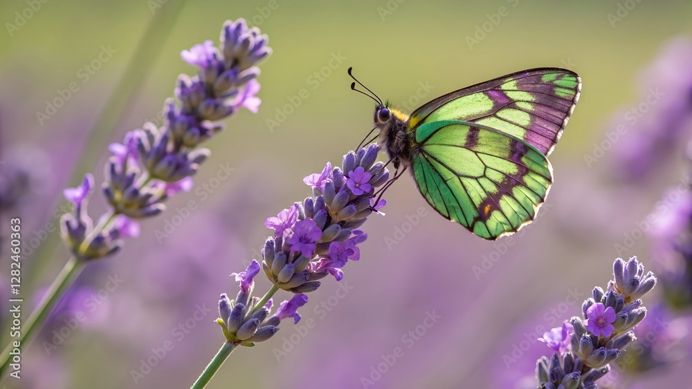 A Symphony of Colors: A vibrant butterfly perches delicately on a lavender sprig, its intricate patterns a striking contrast against the soft purple blossoms. A Symphony of Colors: A vibrant butterfly perches delicately on a lavender sprig, its intricate patterns a striking contrast against the soft purple blossoms.