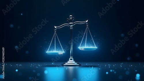 Digital Scales of Justice Cybersecurity Concept with Glowing Blue Particles in Futuristic Legal Technology.