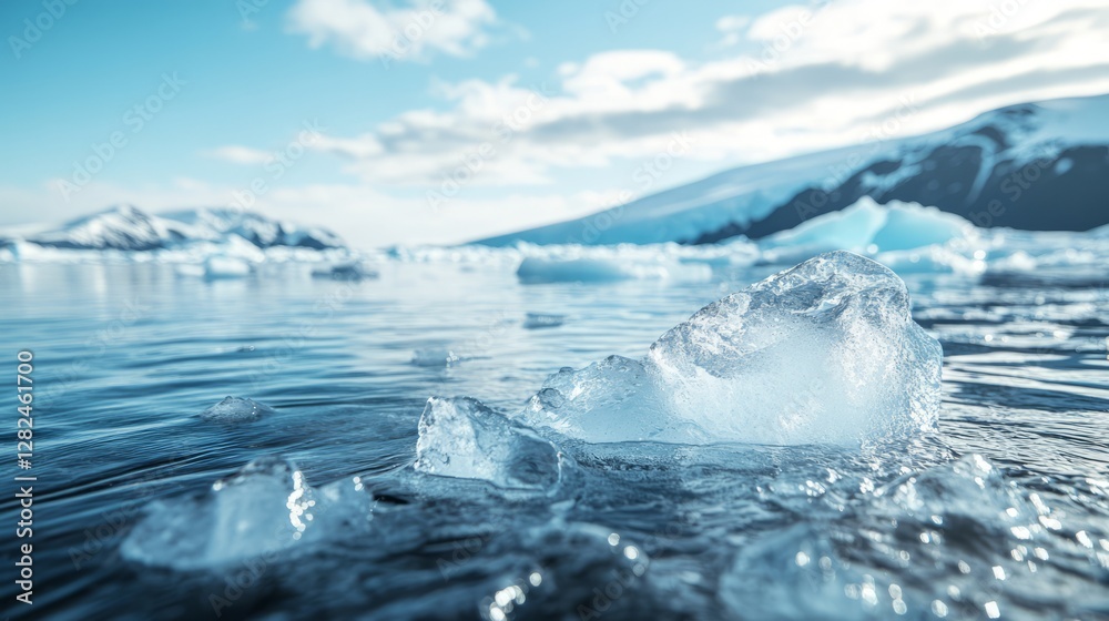 Obraz premium Melting ice sheet with rising water, arctic landscape, climate change impact. 