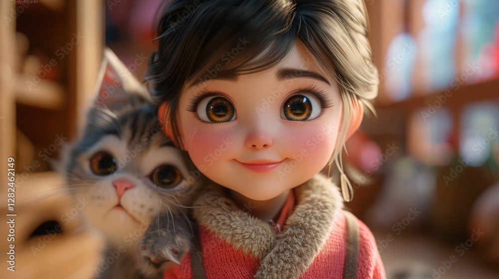 Cute girl with cat in cozy room, joyful expression and warmth Cute girl with cat in cozy room, joyful expression and warmth