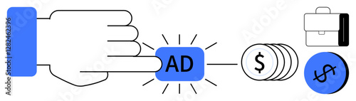 Large hand pressing AD button, leading to symbols of coins, business briefcase, and dollar sign. Ideal for marketing strategies, business growth, digital advertising, online monetization, revenue