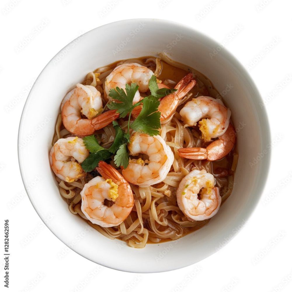 White Bowl of Transparent Noodles with Golden-Brown Shrimp and Fresh Herbs, Isolated on Transparent Background PNG White Bowl of Transparent Noodles with Golden-Brown Shrimp and Fresh Herbs, Isolated on Transparent Background PNG