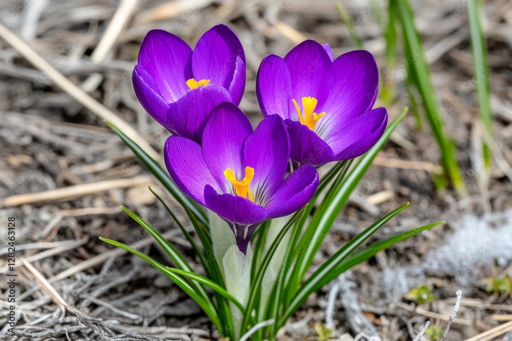 Purple Crocus flower blossom growing in melting snow early spring sunny day Purple Crocus flower blossom growing in melting snow early spring sunny day