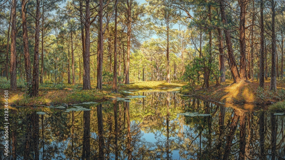 Fototapeta premium Tranquil forest landscape with serene pond reflecting sunlight through trees and foliage in tranquil natural setting