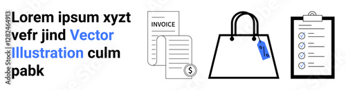 Shopping bag with a price tag, invoice documents featuring a dollar icon, and a checklist clipboard. Ideal for retail, e-commerce, invoicing, business processes, organization, purchase tracking flat