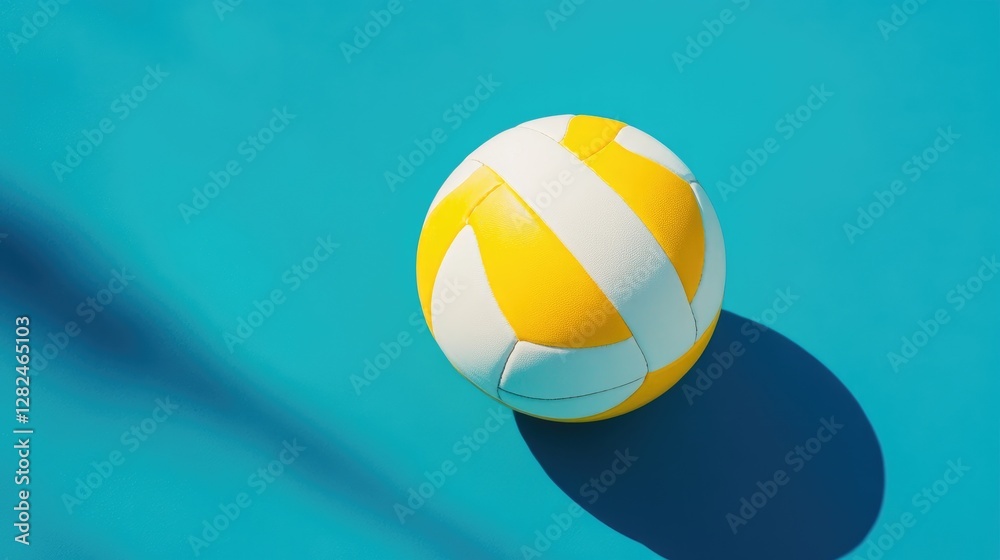 White and yellow volleyball on a bright blue surface, minimalist sports concept, crisp lighting, no people White and yellow volleyball on a bright blue surface, minimalist sports concept, crisp lighting, no people