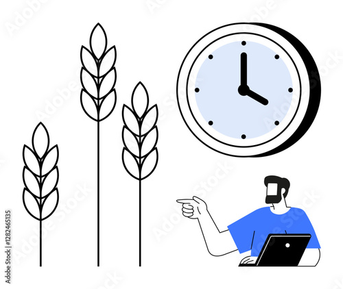 Businessman with laptop pointing at graphs of wheat, symbolizing growth. Large clock indicating time management. Ideal for business strategy, productivity, agriculture, planning, success, deadlines