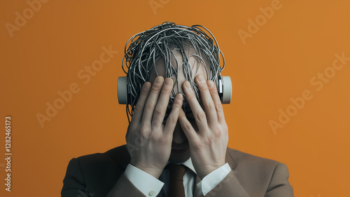 Man in Wires: A man, eyes concealed, enmeshed in a web of wires that symbolize modern complexities and overwhelming information. photo