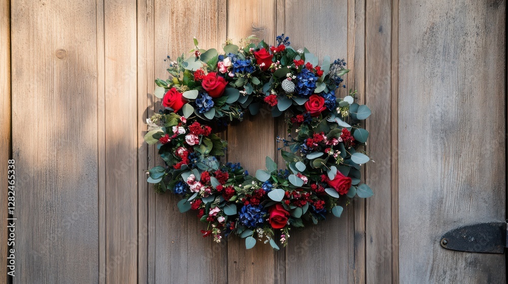 Red, White, and Blue Floral Wreath on Rustic Wooden Door Red, White, and Blue Floral Wreath on Rustic Wooden Door