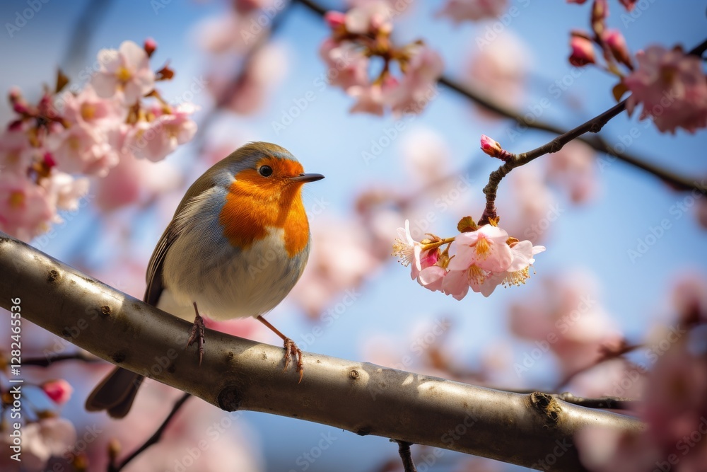 Bird perched on branch near pink flowers Bird perched on branch near pink flowers