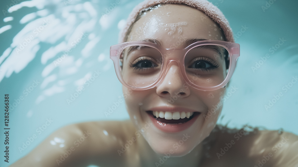 Fototapeta premium Joyful Dip: A radiant woman, wearing pink glasses and a matching head wrap, immersed in a tranquil, embracing pool of water, her smiling face radiating pure happiness.