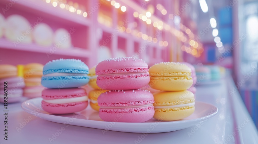 Plate of colorful macarons arranged neatly on a kitchen counter with soft lighting Plate of colorful macarons arranged neatly on a kitchen counter with soft lighting