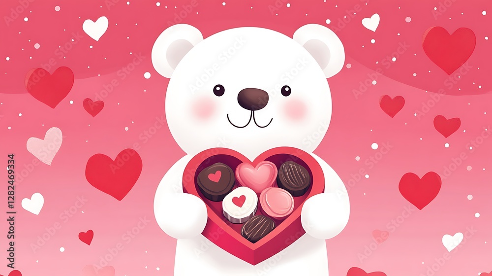 Obraz premium Adorable Polar Bear Holding Heart-Shaped Box of Valentine's Chocolates