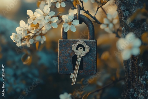 A rusted padlock on a tree branch