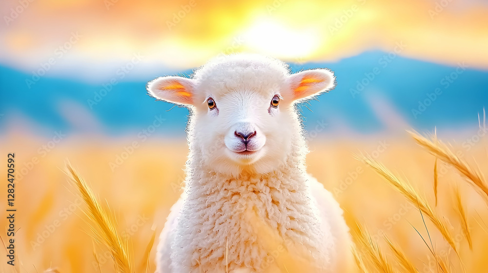 Obraz premium Lamb in golden wheat field at sunset, pastoral scene