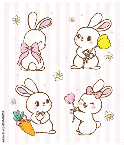 Pastel Coquette Spring Bunny, Cute Happy Easter Rabbit Cartoon Hand Drawn Illustration set.