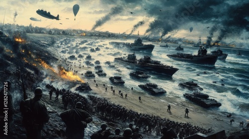 The magnificent scene of the Normandy Campaign was the large-scale amphibious invasion launched by the Allies on the beaches of Normandy, France during World War II. photo