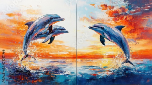 Two oil paintings of dolphins jumping out of the water, with a sunset sky in an orange and blue color palette, side by side on a white background with a canvas texture, no frame.