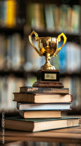 Golden trophy and books on a table with a blurred background for a business award or educational success concept.