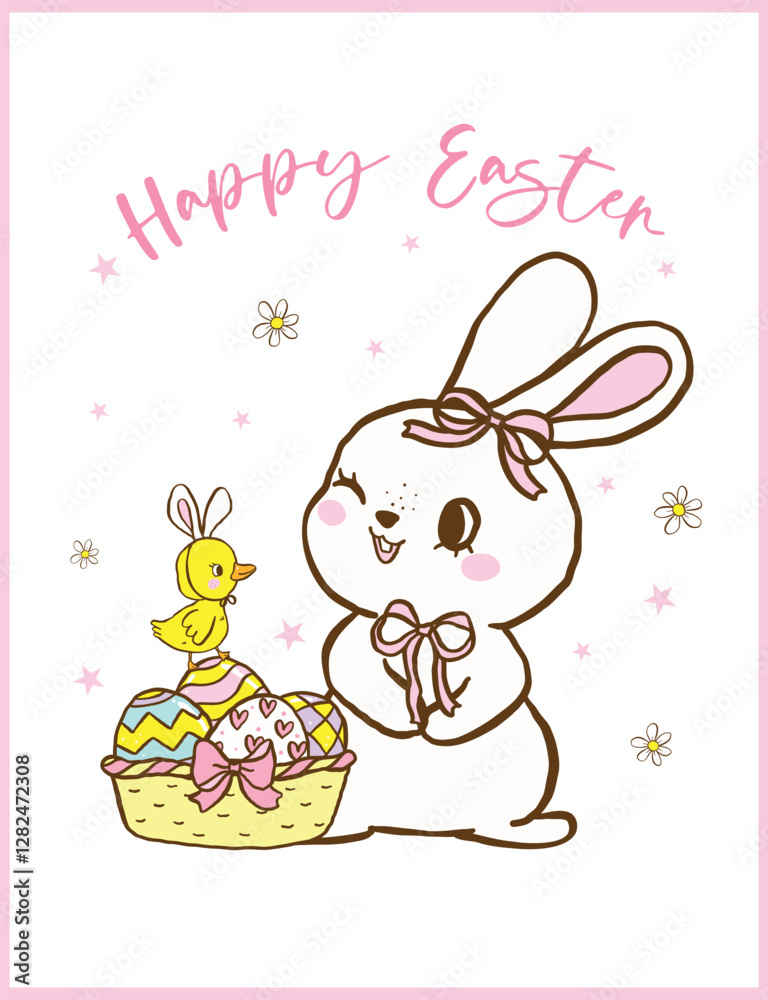 Retro Coquette Easter, Bunny and baby chicken with a basket of eggs, Cute Festive Hand Drawn Greeting Card Illustration. Retro Coquette Easter, Bunny and baby chicken with a basket of eggs, Cute Festive Hand Drawn Greeting Card Illustration.