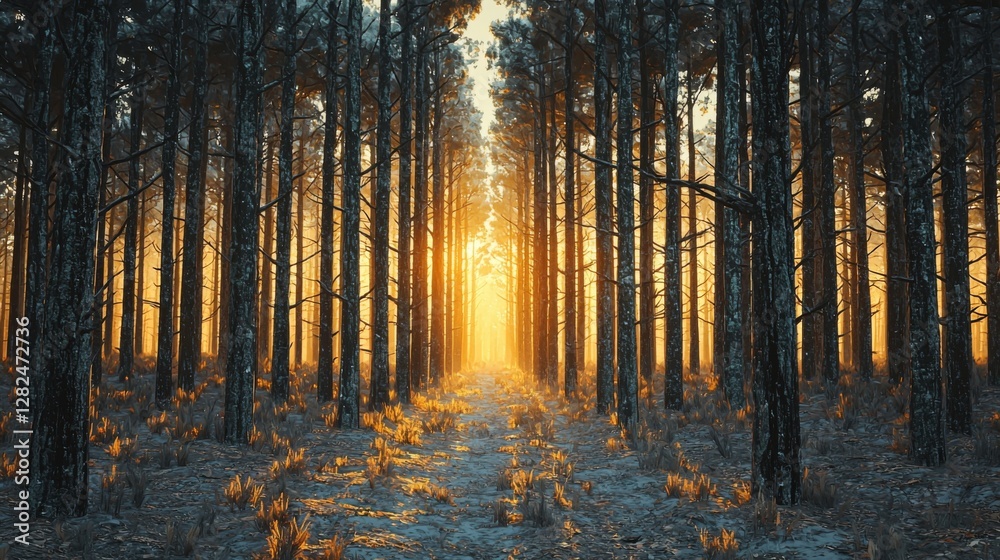 Serene Pine Forest with Golden Light Streaming Through Trees at Dusk, Nature's Tranquil and Enchanting Landscape Serene Pine Forest with Golden Light Streaming Through Trees at Dusk, Nature's Tranquil and Enchanting Landscape