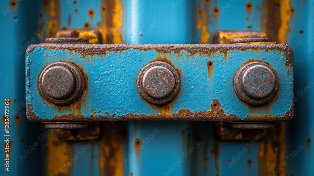 Blue and rusty bolt on aged metal; abstract background for industry and construction Blue and rusty bolt on aged metal; abstract background for industry and construction