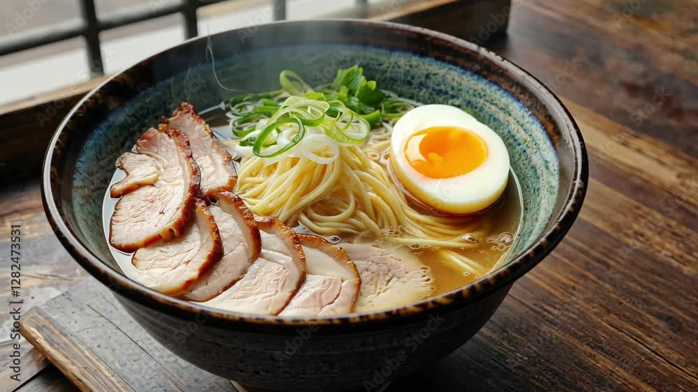Delicious Steaming Ramen Noodles with Pork and Egg