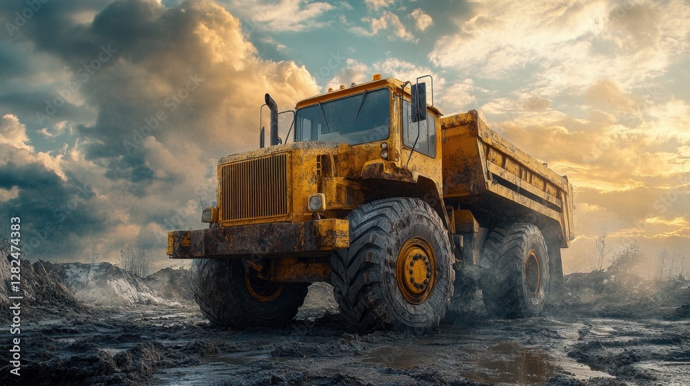 Large yellow truck driving through a muddy field under a cloudy sky during daytime Large yellow truck driving through a muddy field under a cloudy sky during daytime