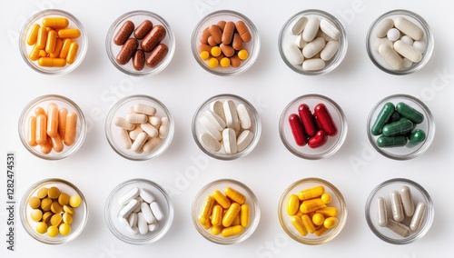 Assorted pills in small glass dishes on white background photo