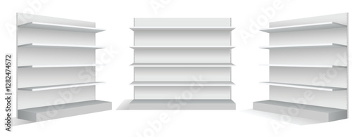Set of Realistic Retail Store Display Shelving Units isolated on white  