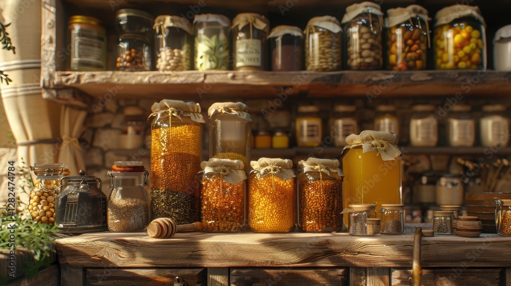 Luscious Jars of Honey and Herbs on Rustic Kitchen Countertop Luscious Jars of Honey and Herbs on Rustic Kitchen Countertop