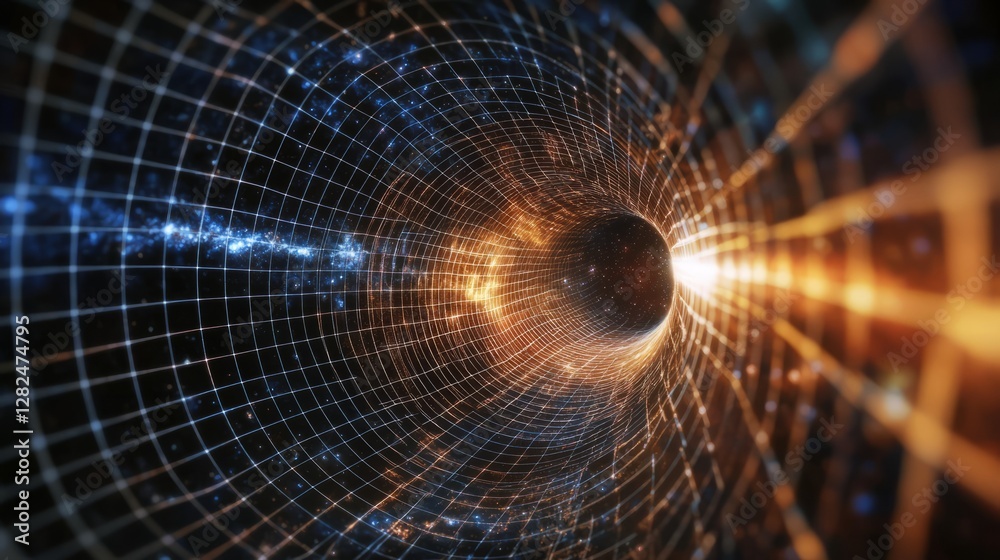 Naklejka premium Rippling spacetime waves with glowing energy lines, revealing intricate gravitational patterns in the cosmos.