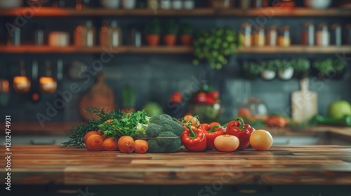 Fresh Vegetables and Herbs on Wooden Table in Cozy Kitchen Setup