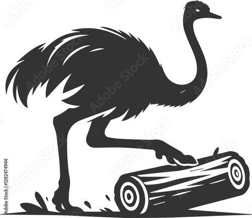 Ostrich stepping over a log animal vector silhouette