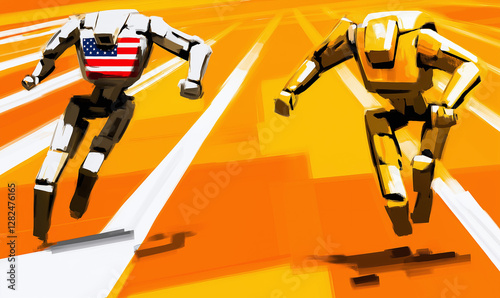 robots racing; one clearly American