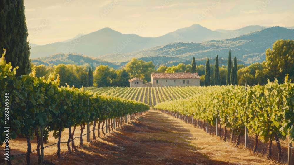 Naklejka premium Serene Landscape with Lush Vineyard and Rustic House Set Against Mountain Backdrop in Soft Evening Light